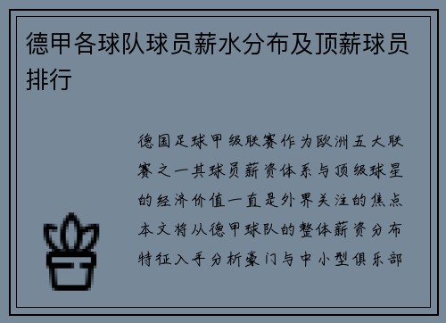 德甲各球队球员薪水分布及顶薪球员排行
